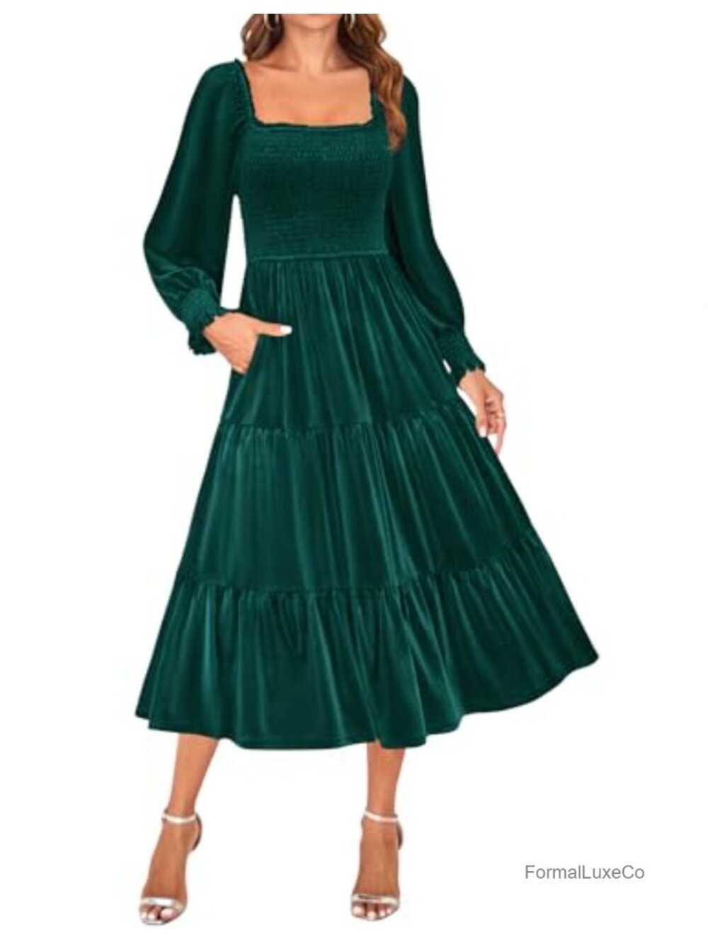 Velvet Midi Dress Square Neck Long Sleeve A-Line Cocktail Party Smocked High